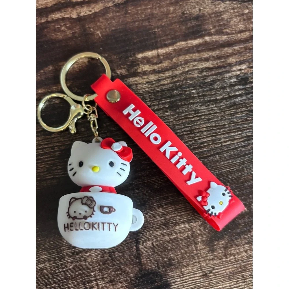 Sanrio Hello Kitty Teacup Keychain Wristlet Strap Silicone 3D Charm Gold Tone